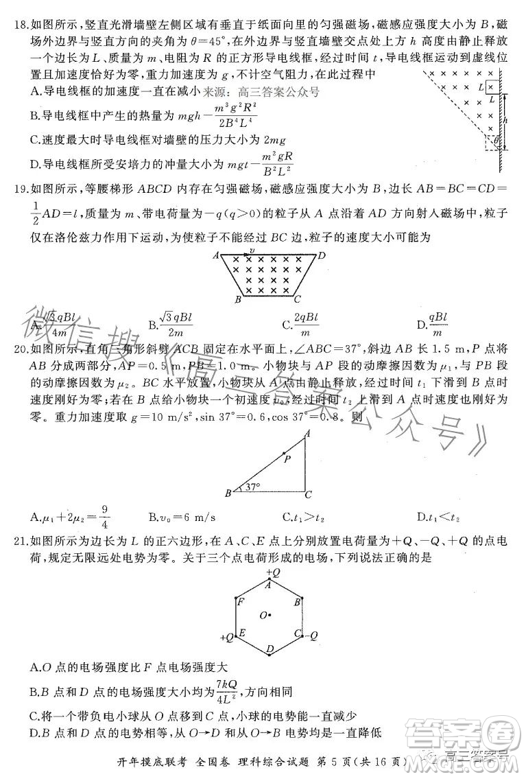 百師聯(lián)盟2023屆高三開年摸底聯(lián)考全國(guó)卷理科綜合試題答案