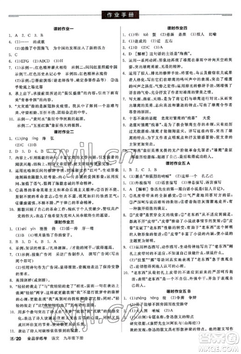 陽光出版社2023全品學(xué)練考九年級下冊語文人教版參考答案