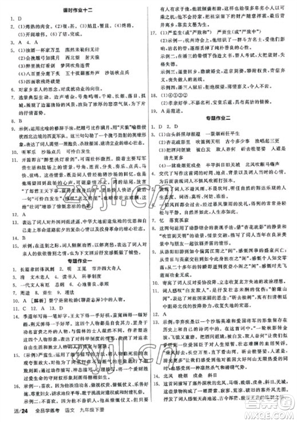 陽光出版社2023全品學(xué)練考九年級下冊語文人教版參考答案