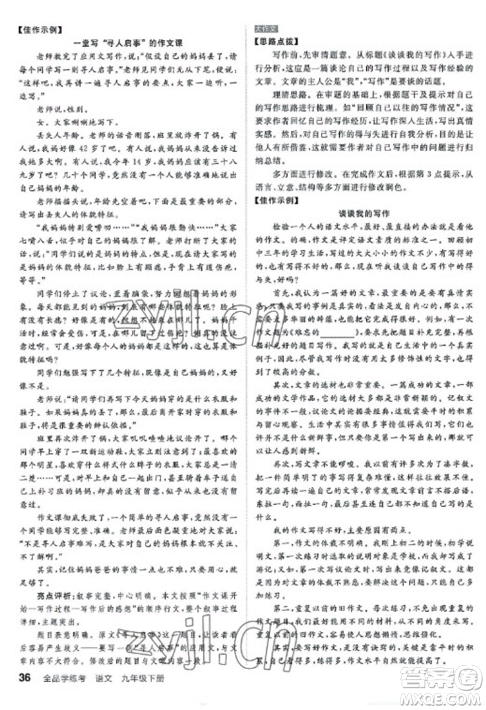 陽光出版社2023全品學(xué)練考九年級下冊語文人教版參考答案