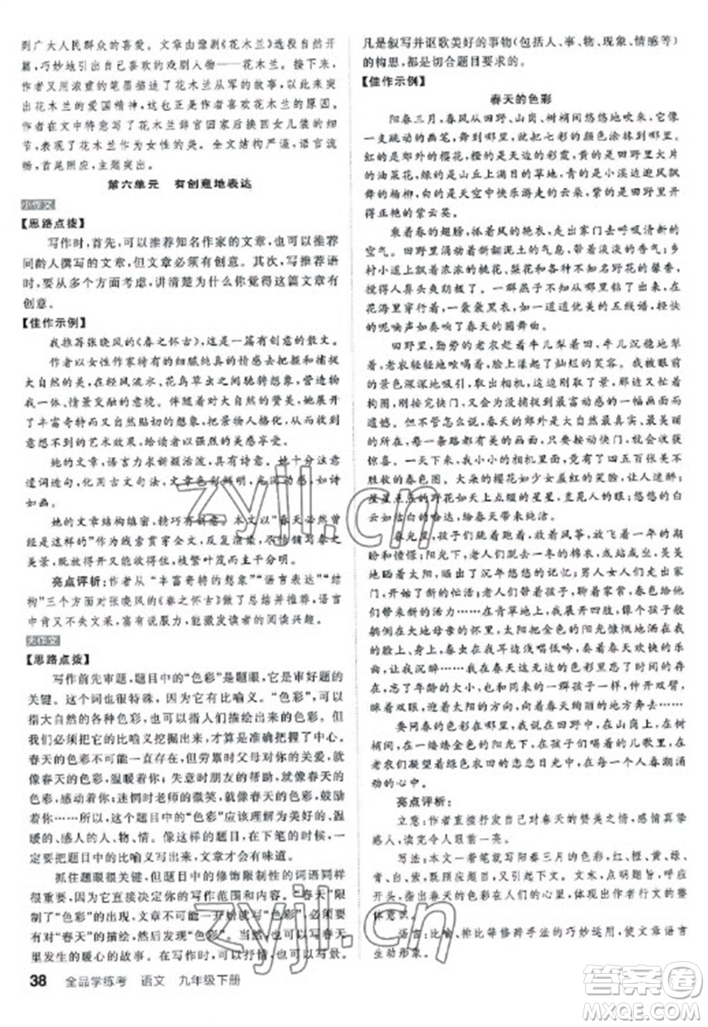 陽光出版社2023全品學(xué)練考九年級下冊語文人教版參考答案