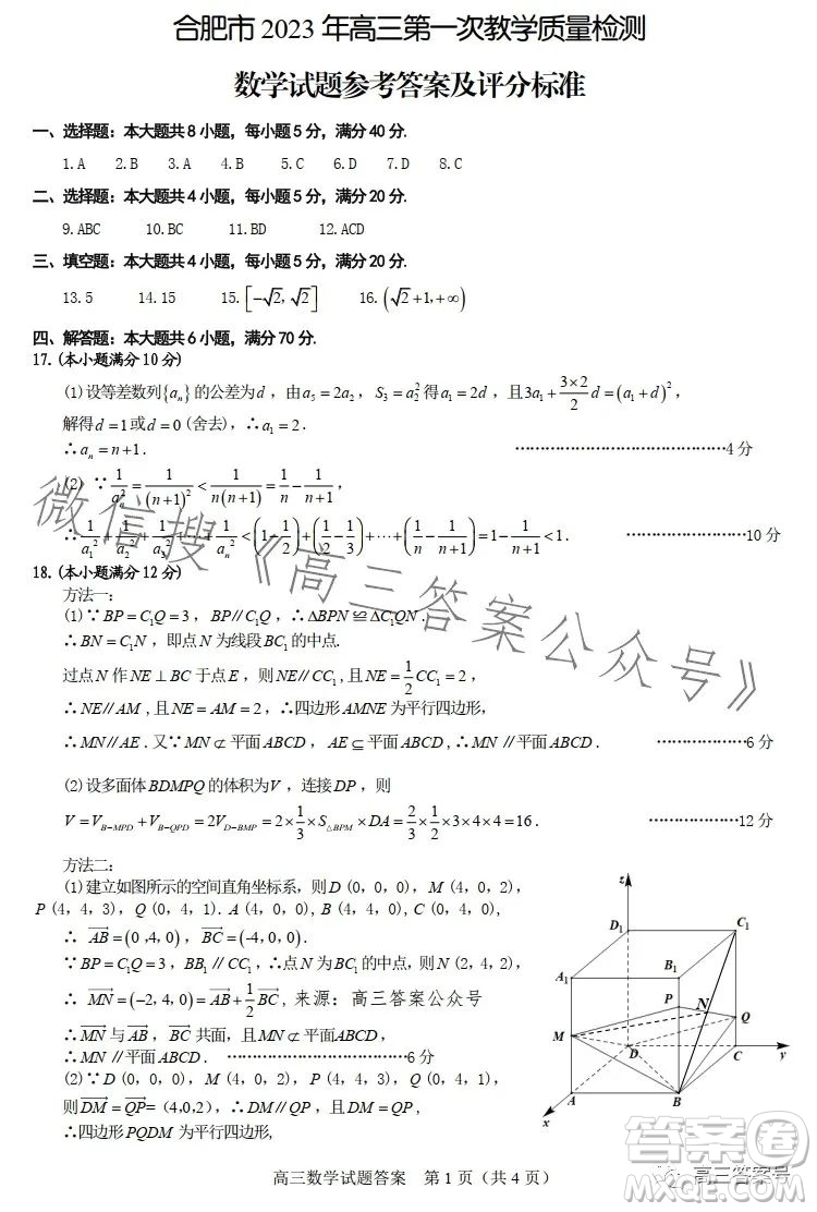 合肥市2023年高三第一次教學(xué)質(zhì)量檢測(cè)數(shù)學(xué)試卷答案