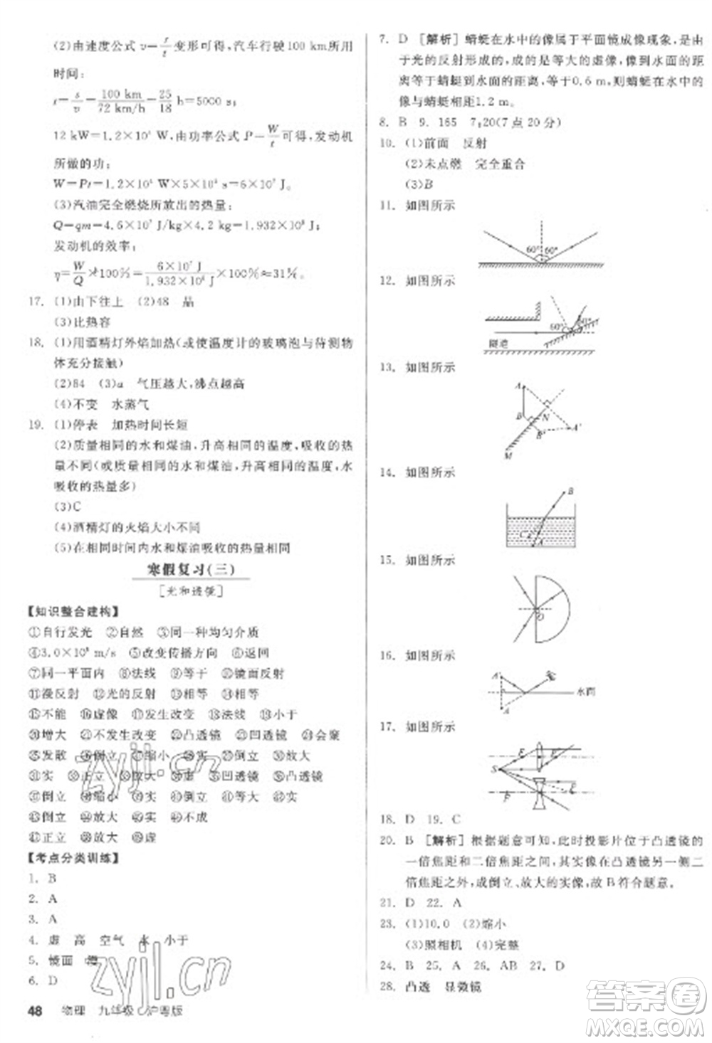 陽光出版社2023全品學(xué)練考九年級下冊物理滬粵版參考答案