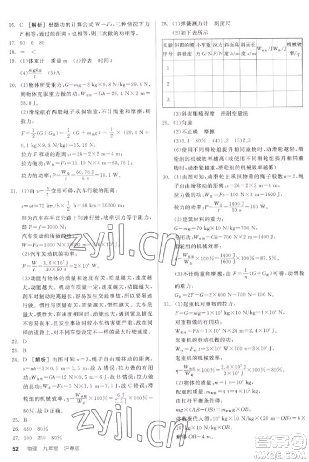 陽光出版社2023全品學(xué)練考九年級下冊物理滬粵版參考答案