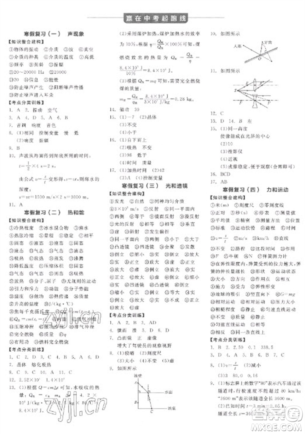 陽光出版社2023全品學(xué)練考九年級下冊物理人教版參考答案