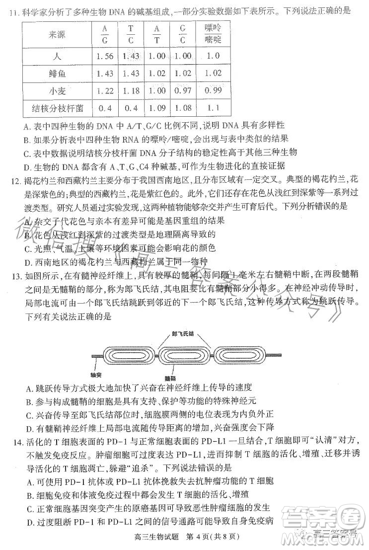 合肥市2023年高三第一次教學質(zhì)量檢測生物試卷答案