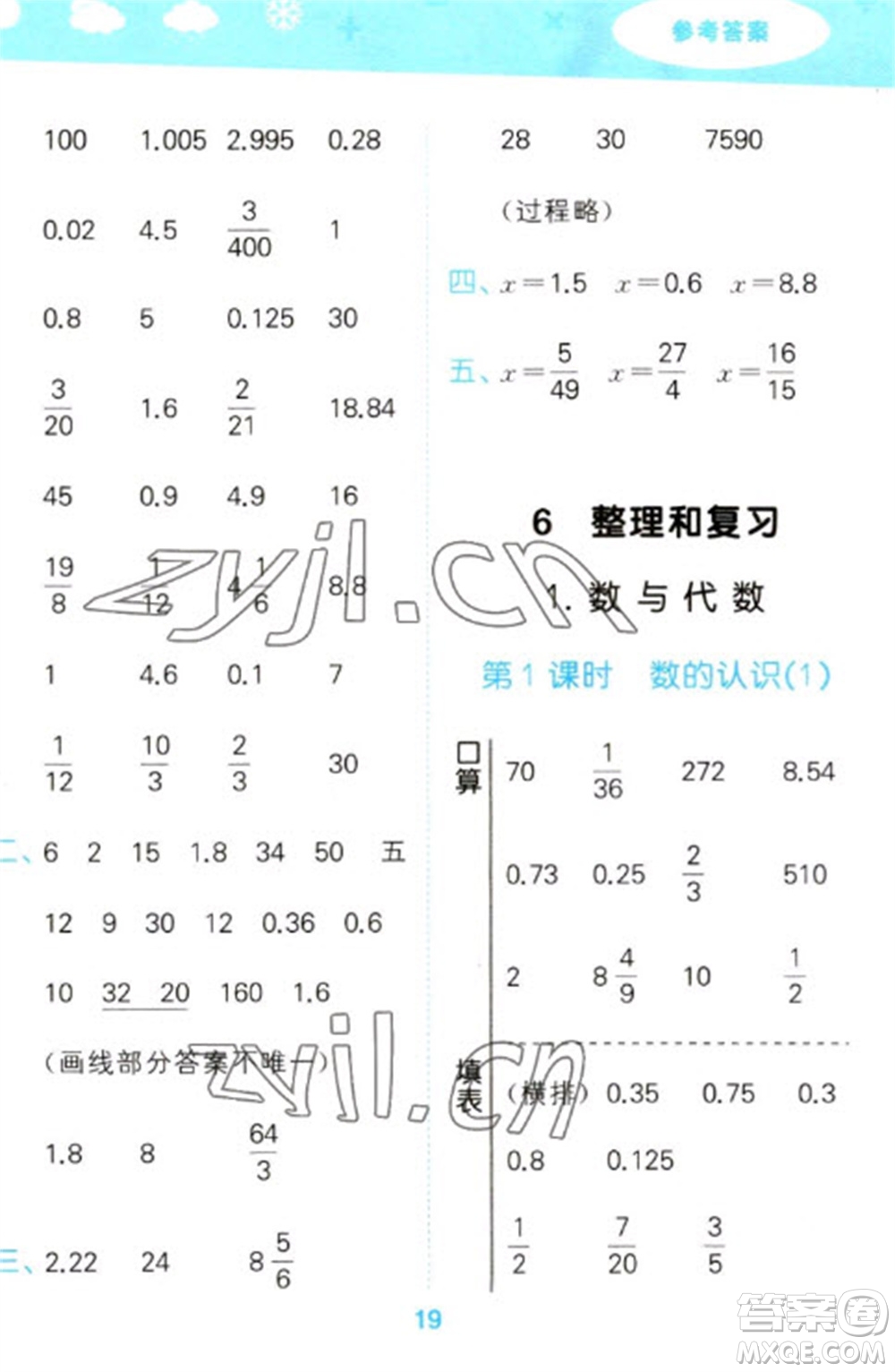 教育科學(xué)出版社2023口算大通關(guān)六年級(jí)下冊(cè)數(shù)學(xué)人教版參考答案