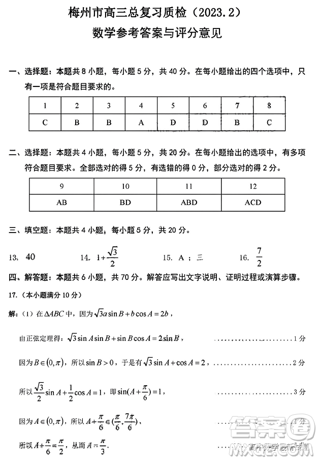 2023年2月梅州市高三總復(fù)習(xí)質(zhì)檢試卷數(shù)學(xué)答案