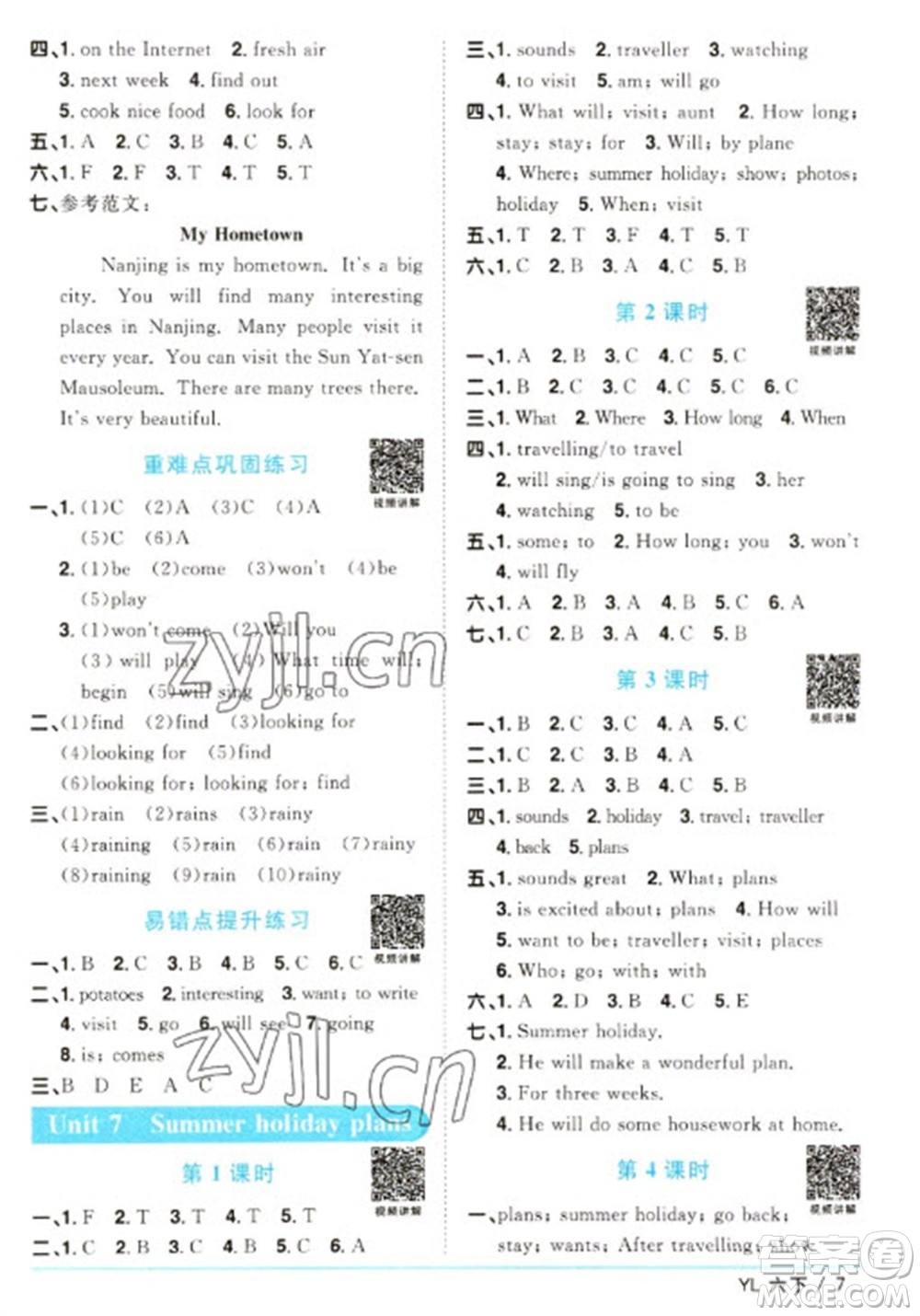 江西教育出版社2023陽光同學課時優(yōu)化作業(yè)六年級英語下冊譯林版參考答案