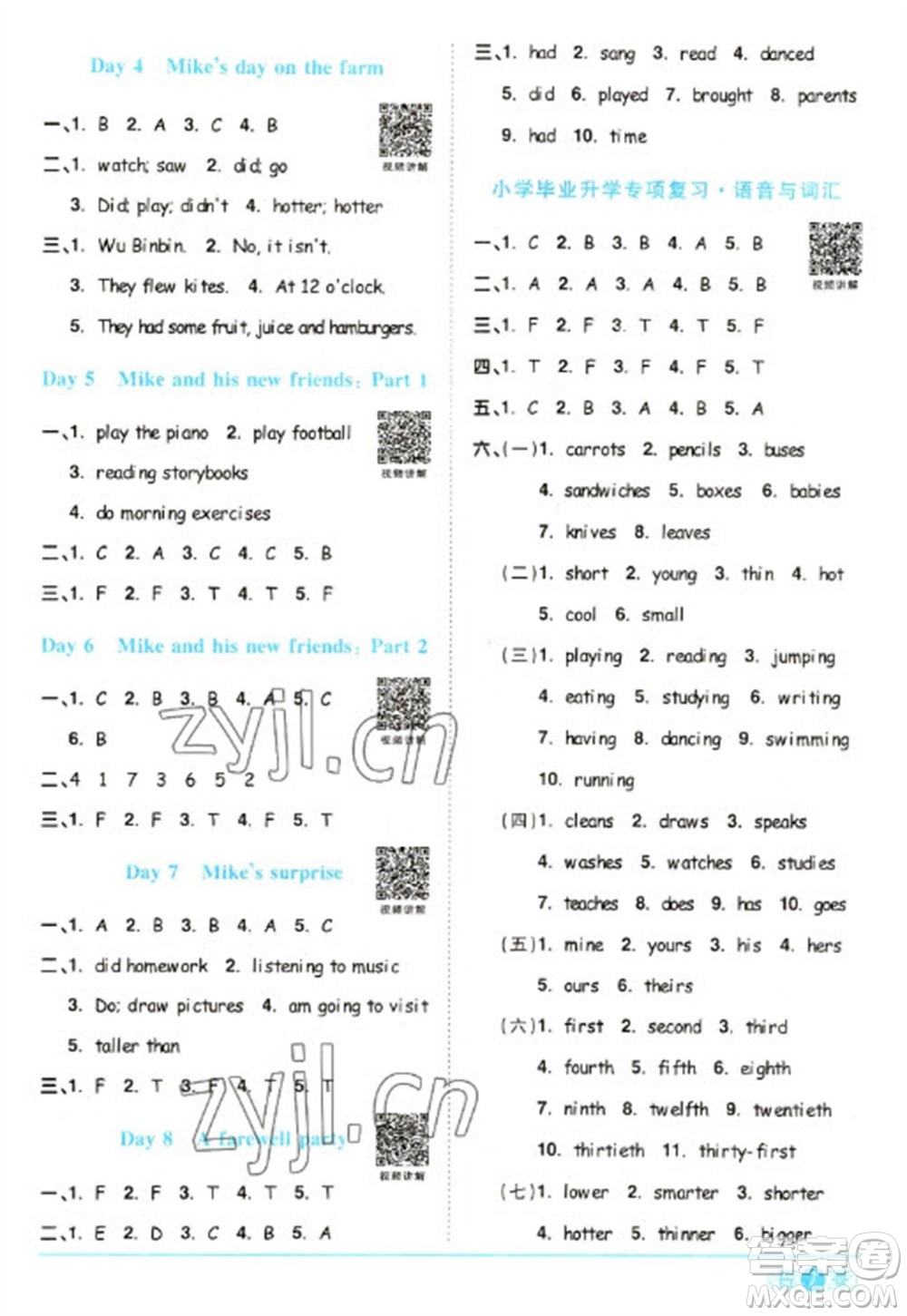 江西教育出版社2023陽光同學課時優(yōu)化作業(yè)六年級英語下冊人教PEP版參考答案