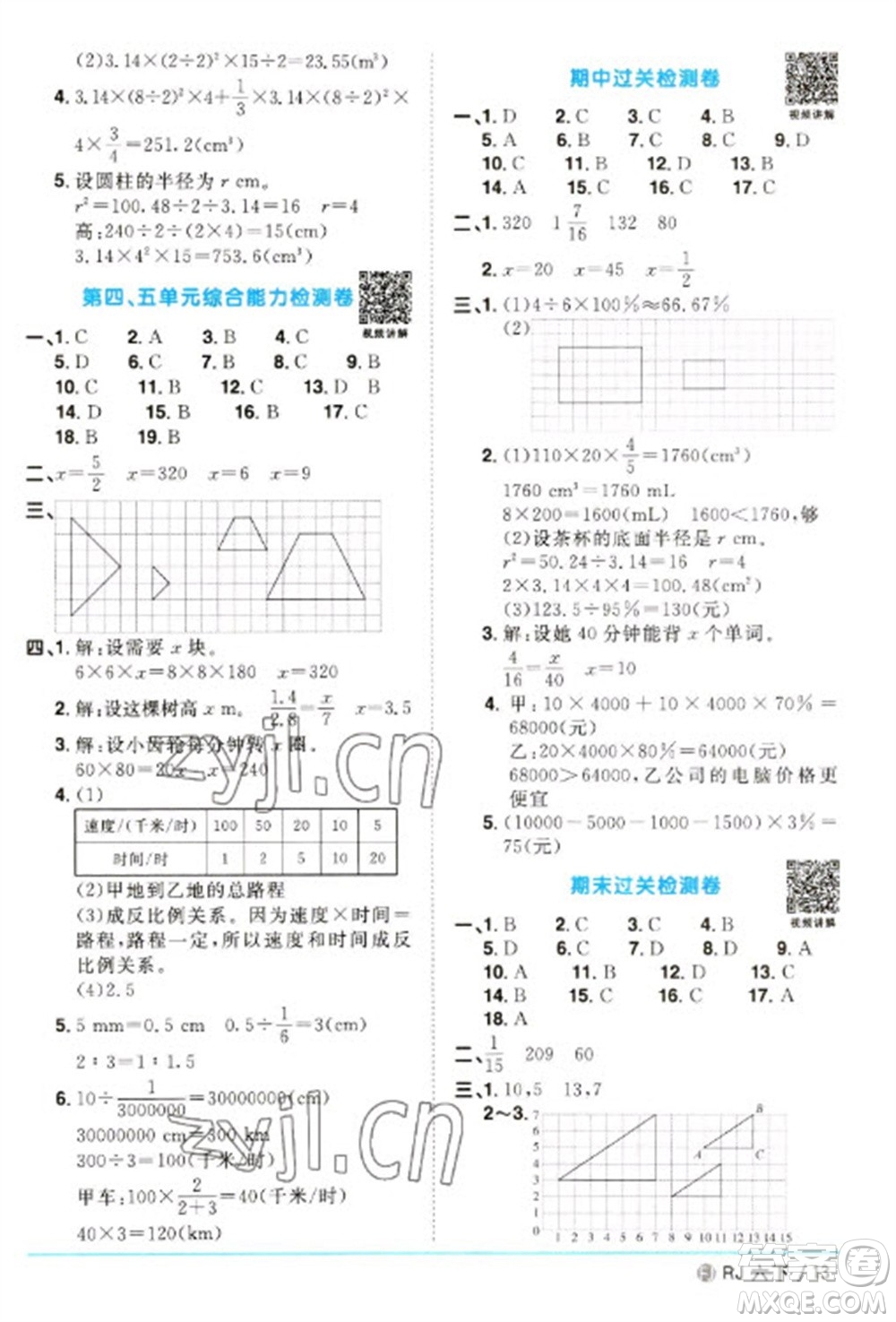 福建少年兒童出版社2023陽光同學(xué)課時(shí)優(yōu)化作業(yè)六年級(jí)數(shù)學(xué)下冊(cè)人教版福建專版參考答案