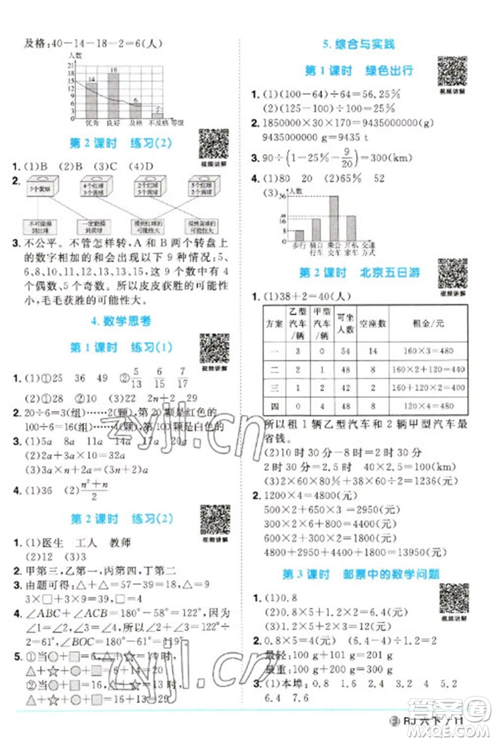 福建少年兒童出版社2023陽光同學(xué)課時(shí)優(yōu)化作業(yè)六年級(jí)數(shù)學(xué)下冊(cè)人教版福建專版參考答案