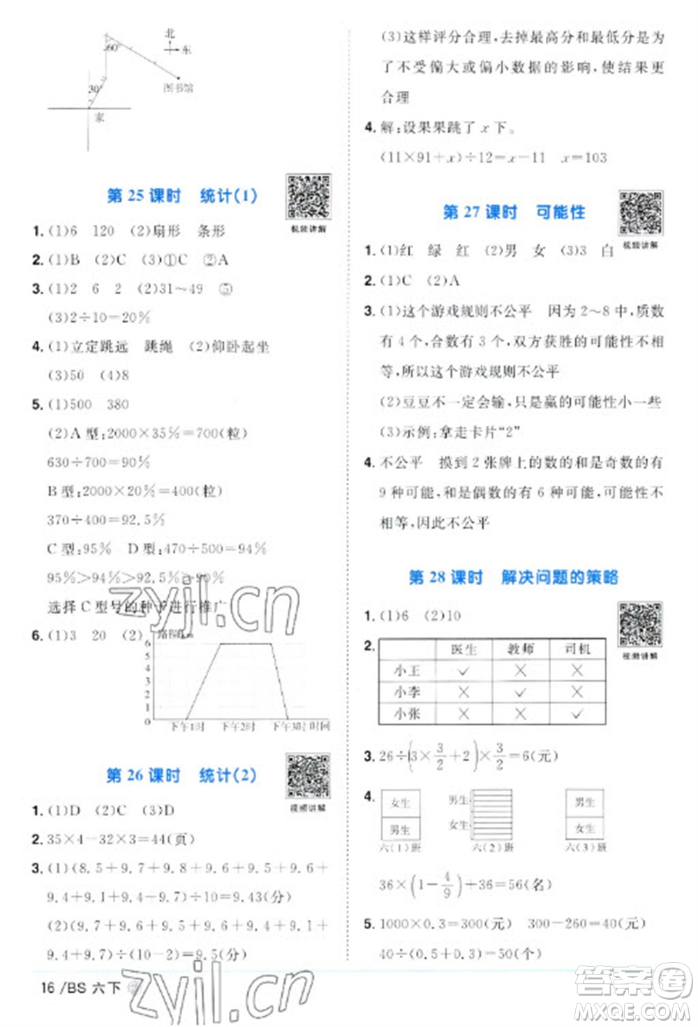 江西教育出版社2023陽光同學(xué)課時(shí)優(yōu)化作業(yè)六年級數(shù)學(xué)下冊北師大版福建專版參考答案