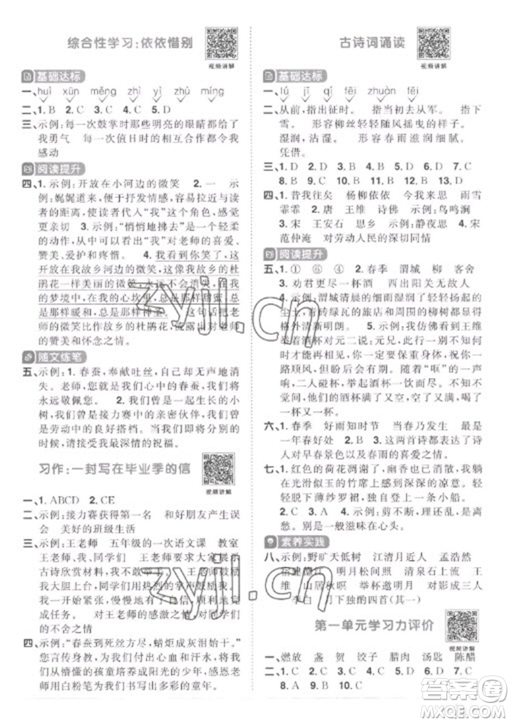 江西教育出版社2023陽光同學課時優(yōu)化作業(yè)六年級語文下冊人教版菏澤專版參考答案