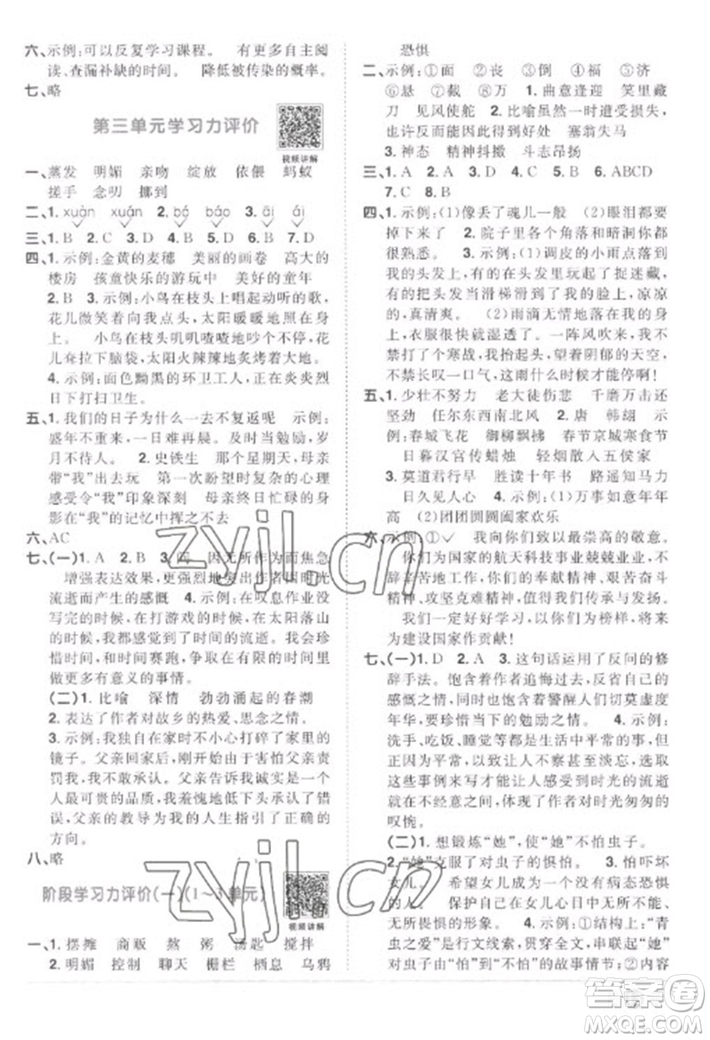 江西教育出版社2023陽光同學課時優(yōu)化作業(yè)六年級語文下冊人教版菏澤專版參考答案