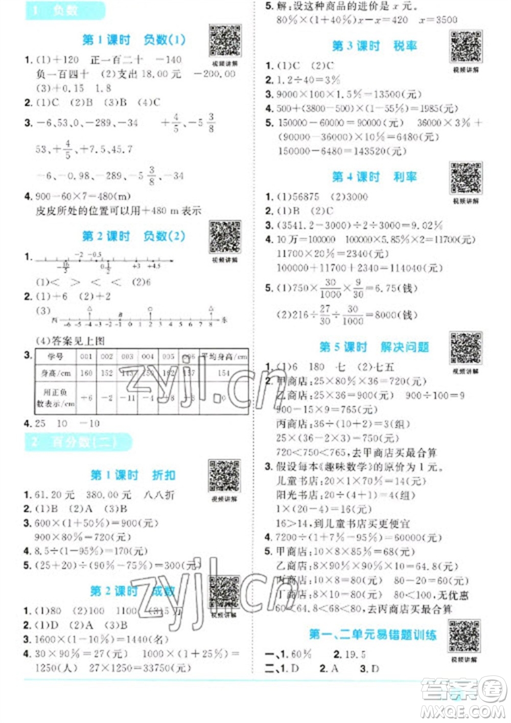 江西教育出版社2023陽光同學課時優(yōu)化作業(yè)六年級數(shù)學下冊人教版浙江專版參考答案