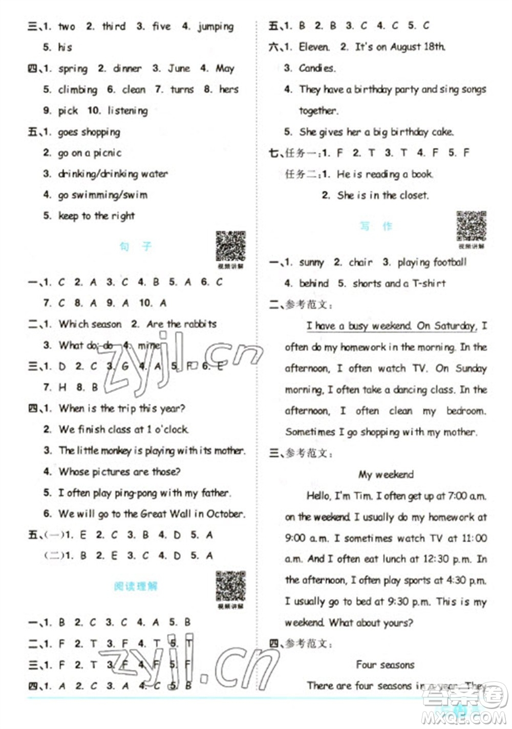 江西教育出版社2023陽光同學(xué)課時優(yōu)化作業(yè)五年級英語下冊人教PEP版參考答案