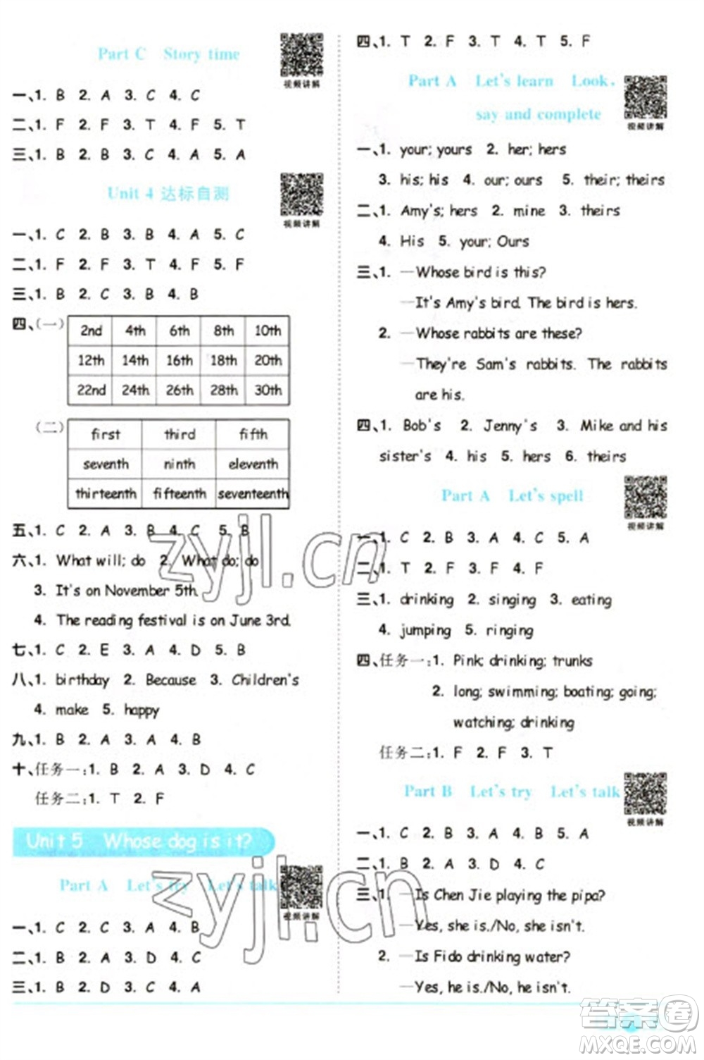 江西教育出版社2023陽光同學(xué)課時優(yōu)化作業(yè)五年級英語下冊人教PEP版參考答案