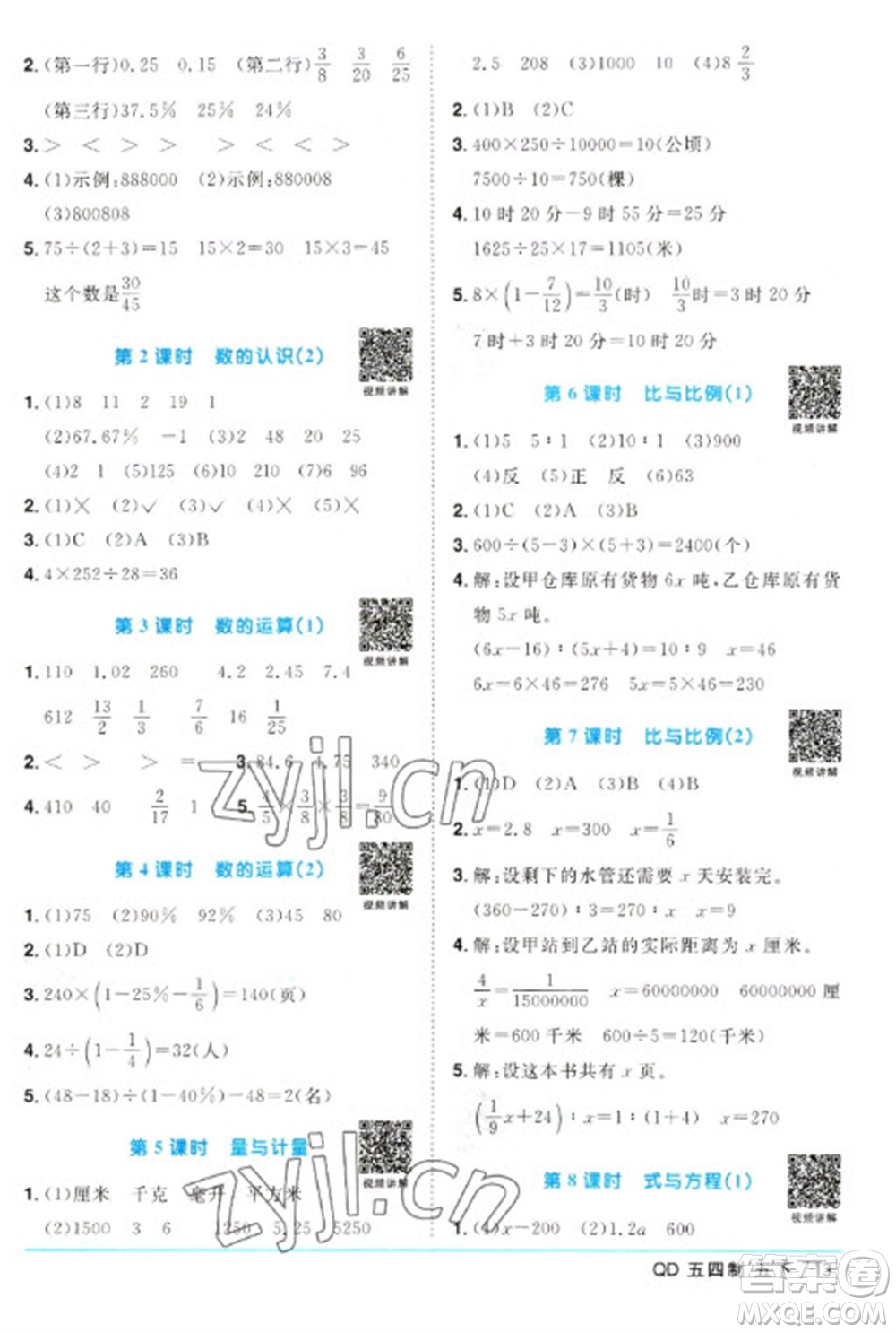 江西教育出版社2023陽光同學(xué)課時優(yōu)化作業(yè)五年級數(shù)學(xué)下冊青島版五四制參考答案