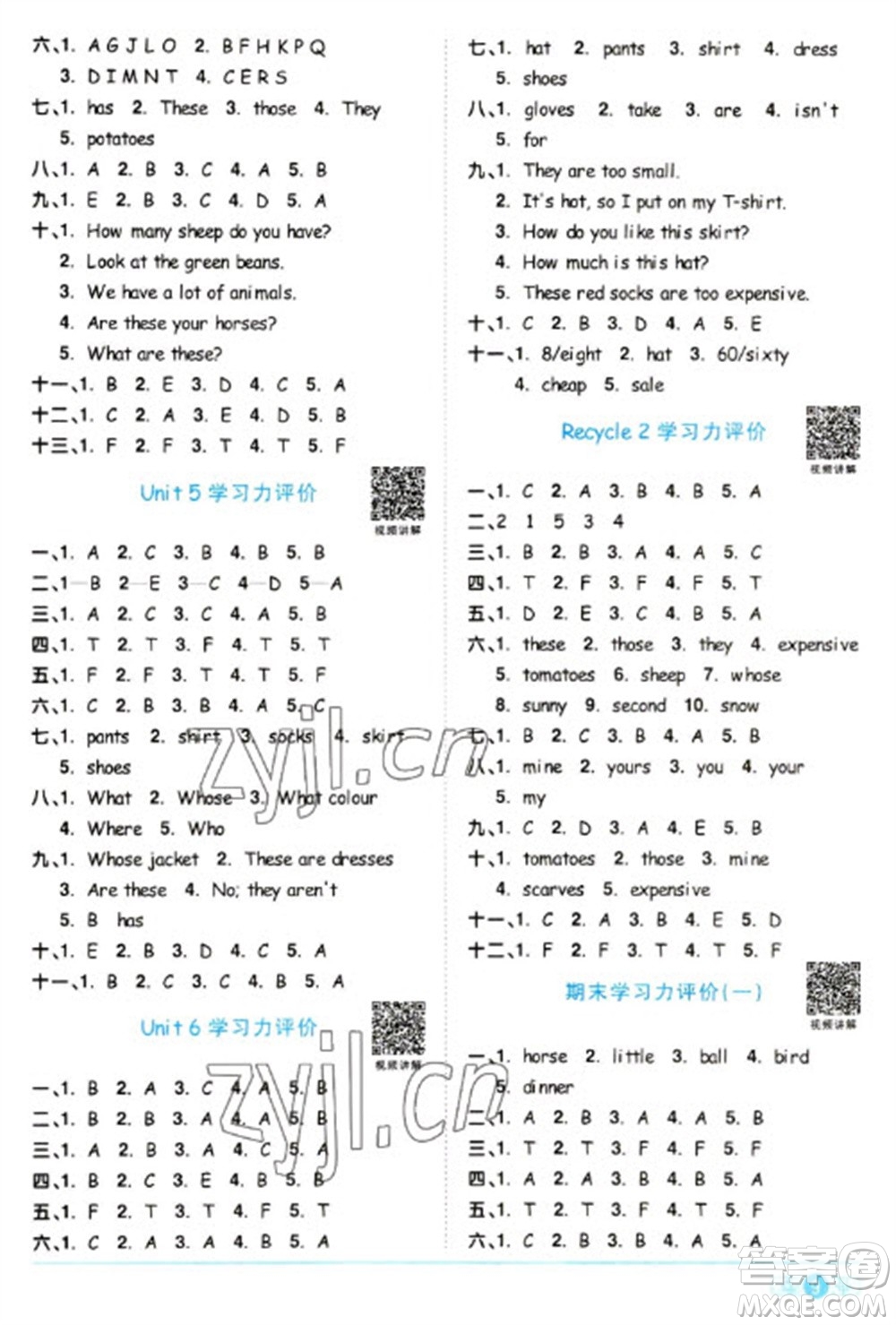 江西教育出版社2023陽光同學課時優(yōu)化作業(yè)四年級英語下冊人教PEP版參考答案