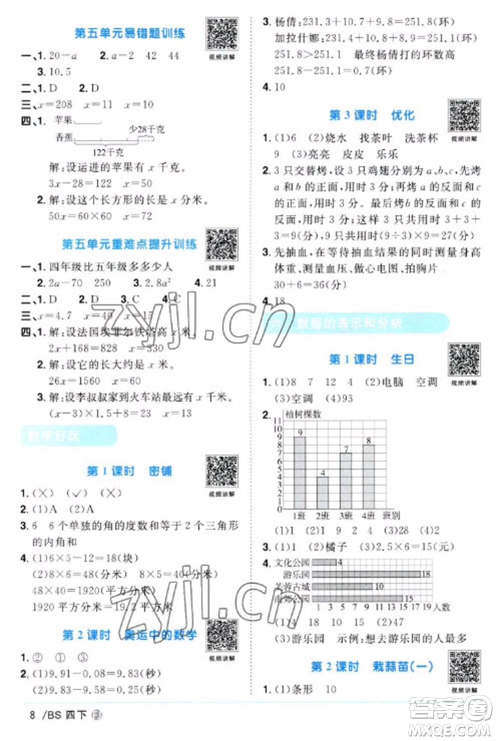 江西教育出版社2023陽光同學(xué)課時(shí)優(yōu)化作業(yè)四年級數(shù)學(xué)下冊北師大版福建專版參考答案