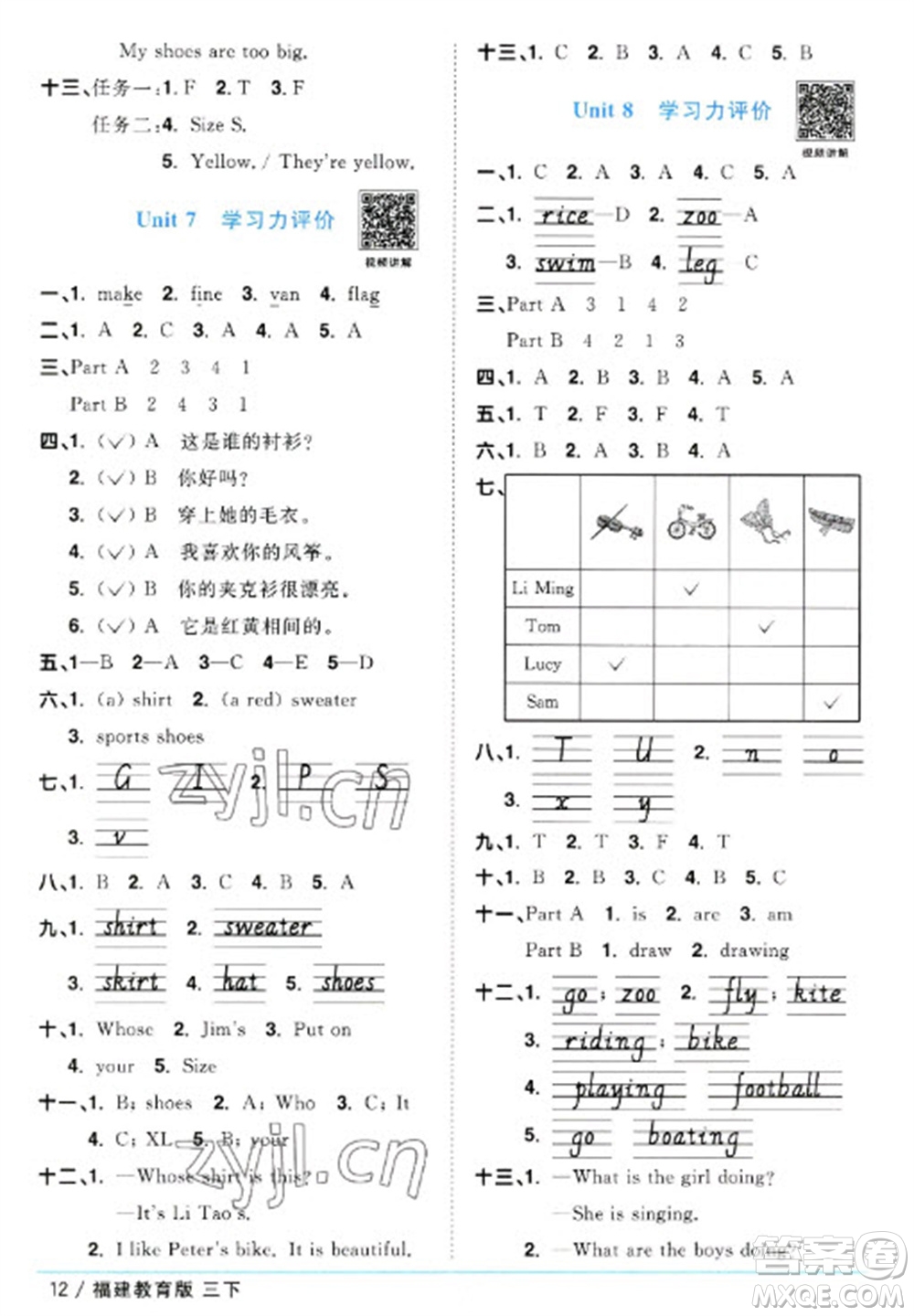 江西教育出版社2023陽光同學(xué)課時(shí)優(yōu)化作業(yè)三年級(jí)英語下冊(cè)閩教版福建專版參考答案