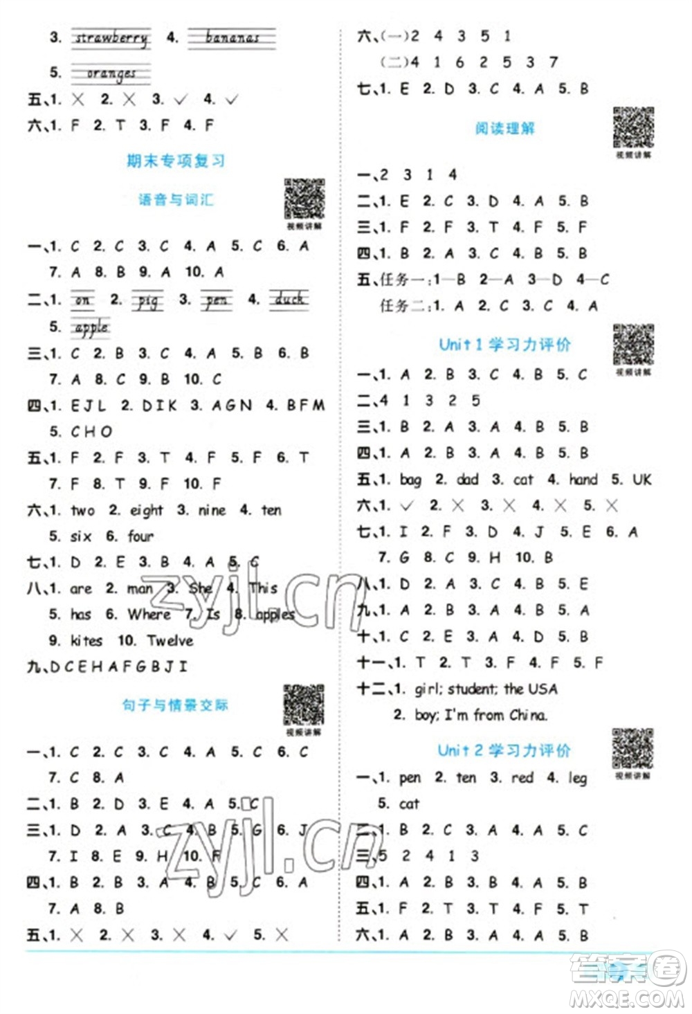 江西教育出版社2023陽(yáng)光同學(xué)課時(shí)優(yōu)化作業(yè)三年級(jí)英語(yǔ)下冊(cè)人教版浙江專版參考答案