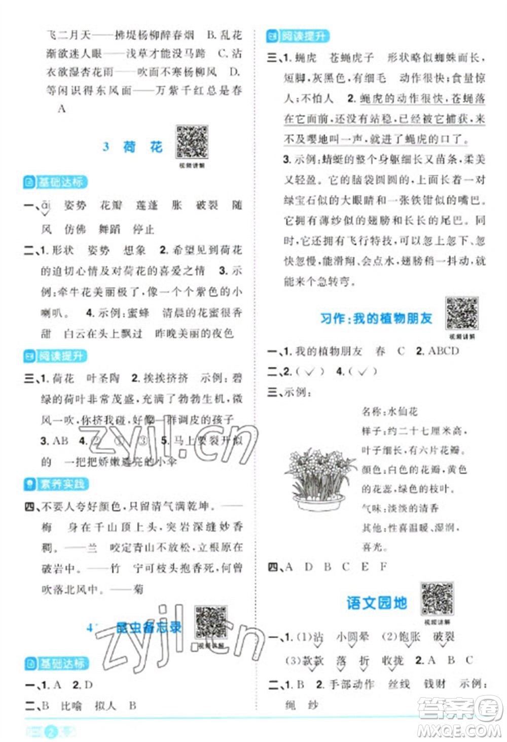 江西教育出版社2023陽光同學課時優(yōu)化作業(yè)三年級語文下冊人教版浙江專版參考答案