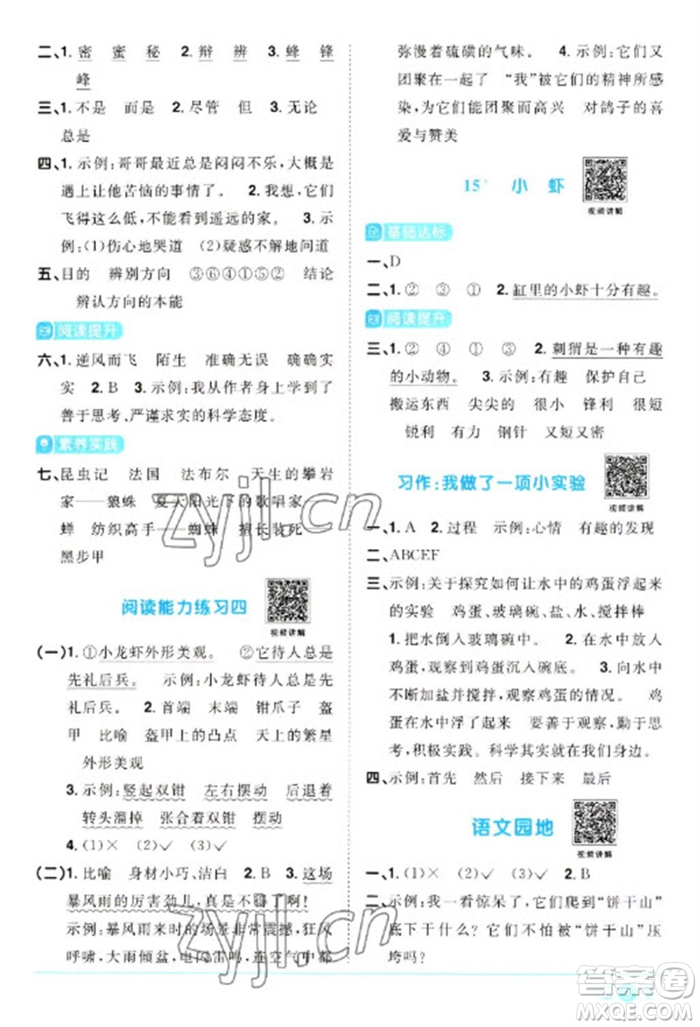 江西教育出版社2023陽光同學課時優(yōu)化作業(yè)三年級語文下冊人教版浙江專版參考答案