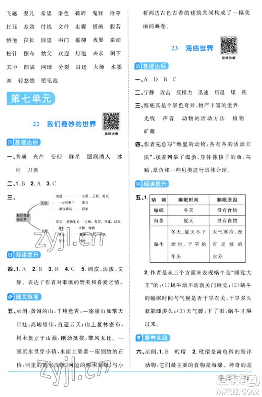 福建少年兒童出版社2023陽光同學(xué)課時優(yōu)化作業(yè)三年級語文下冊人教版福建專版參考答案