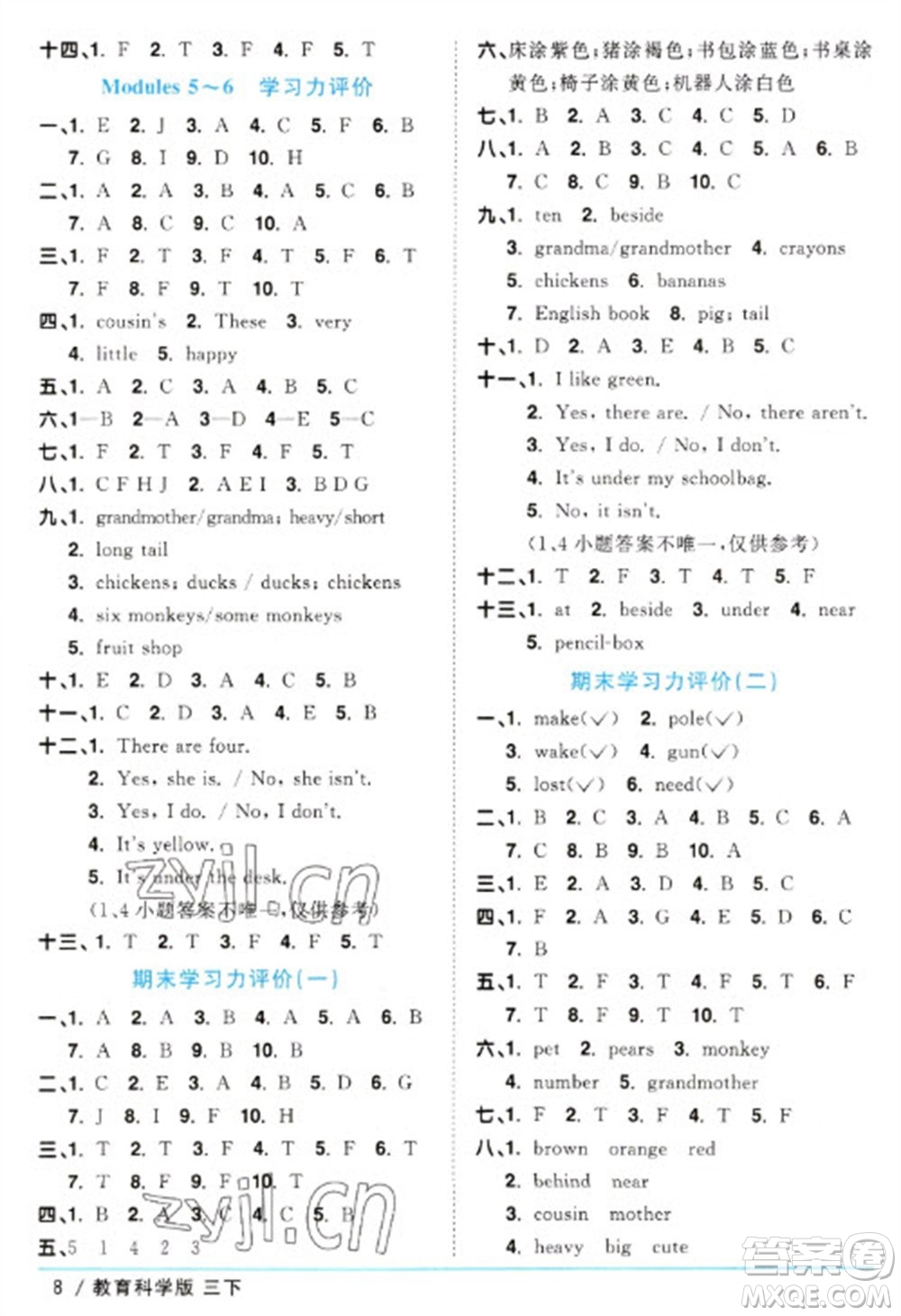 江西教育出版社2023陽光同學(xué)課時優(yōu)化作業(yè)三年級英語下冊教育科學(xué)版參考答案