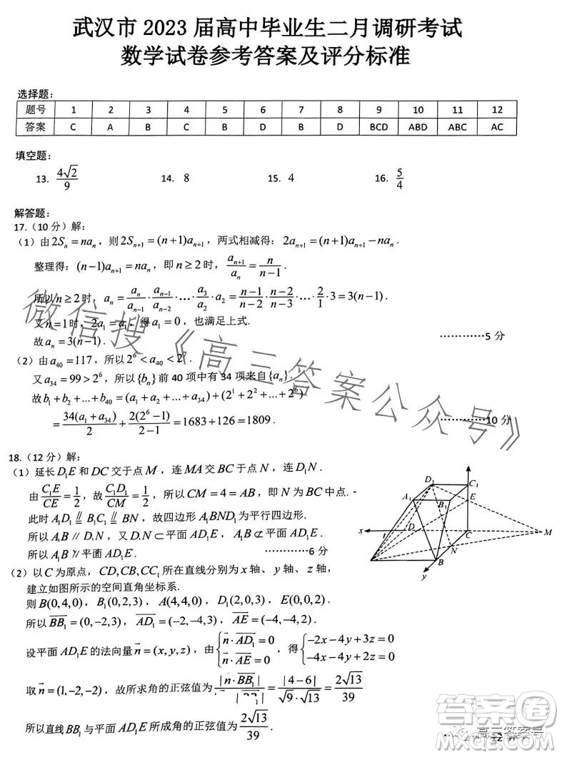 武漢市2023屆高三2月調研考試數(shù)學試卷答案