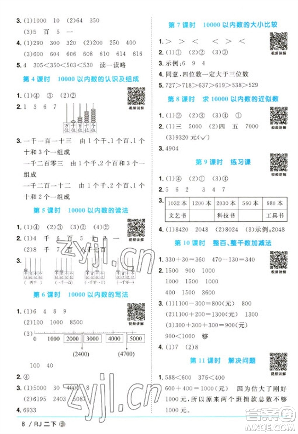 福建少年兒童出版社2023陽光同學課時優(yōu)化作業(yè)二年級數(shù)學下冊人教版福建專版參考答案