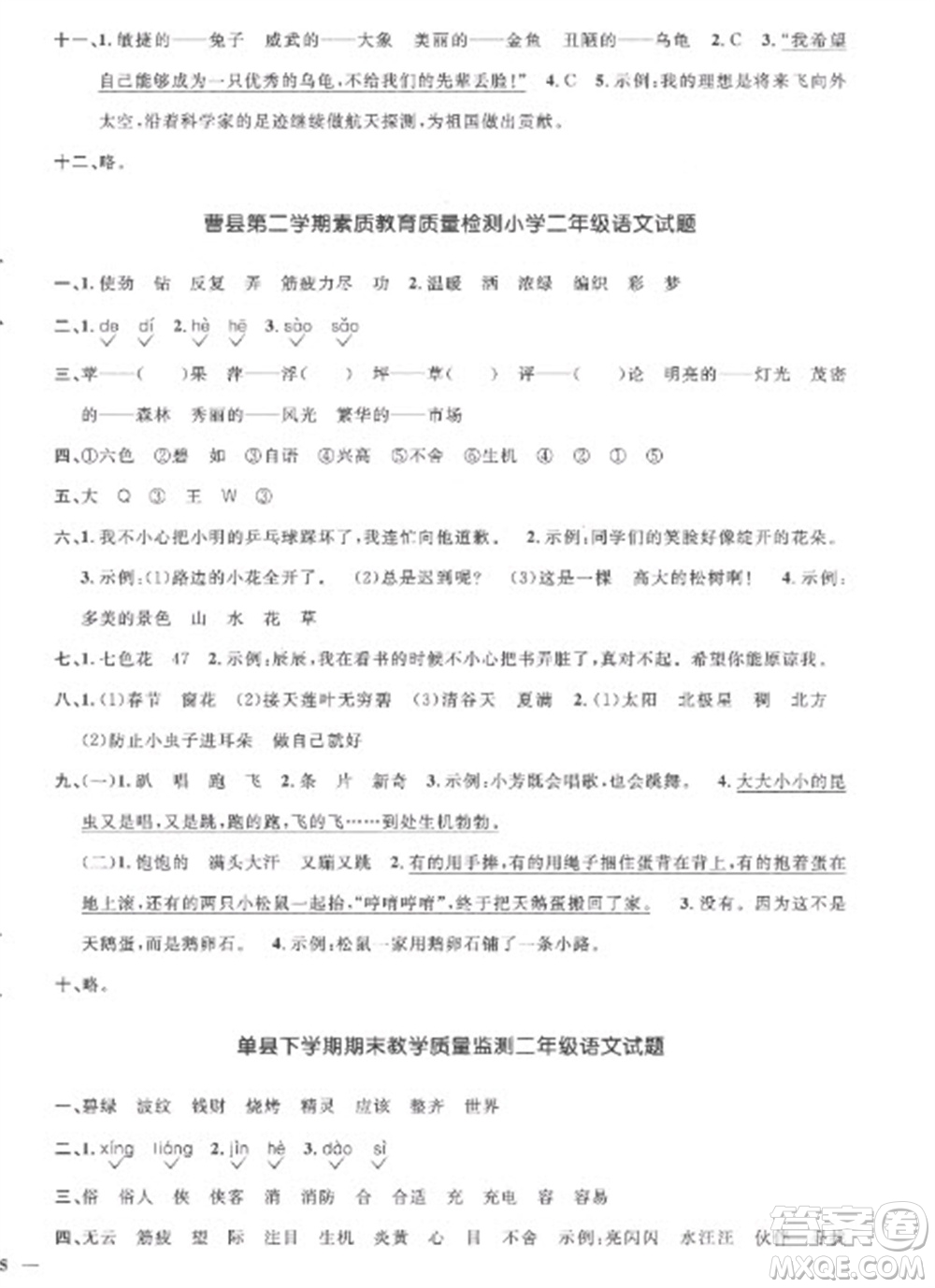 江西教育出版社2023陽光同學(xué)課時優(yōu)化作業(yè)二年級語文下冊人教版菏澤專版參考答案