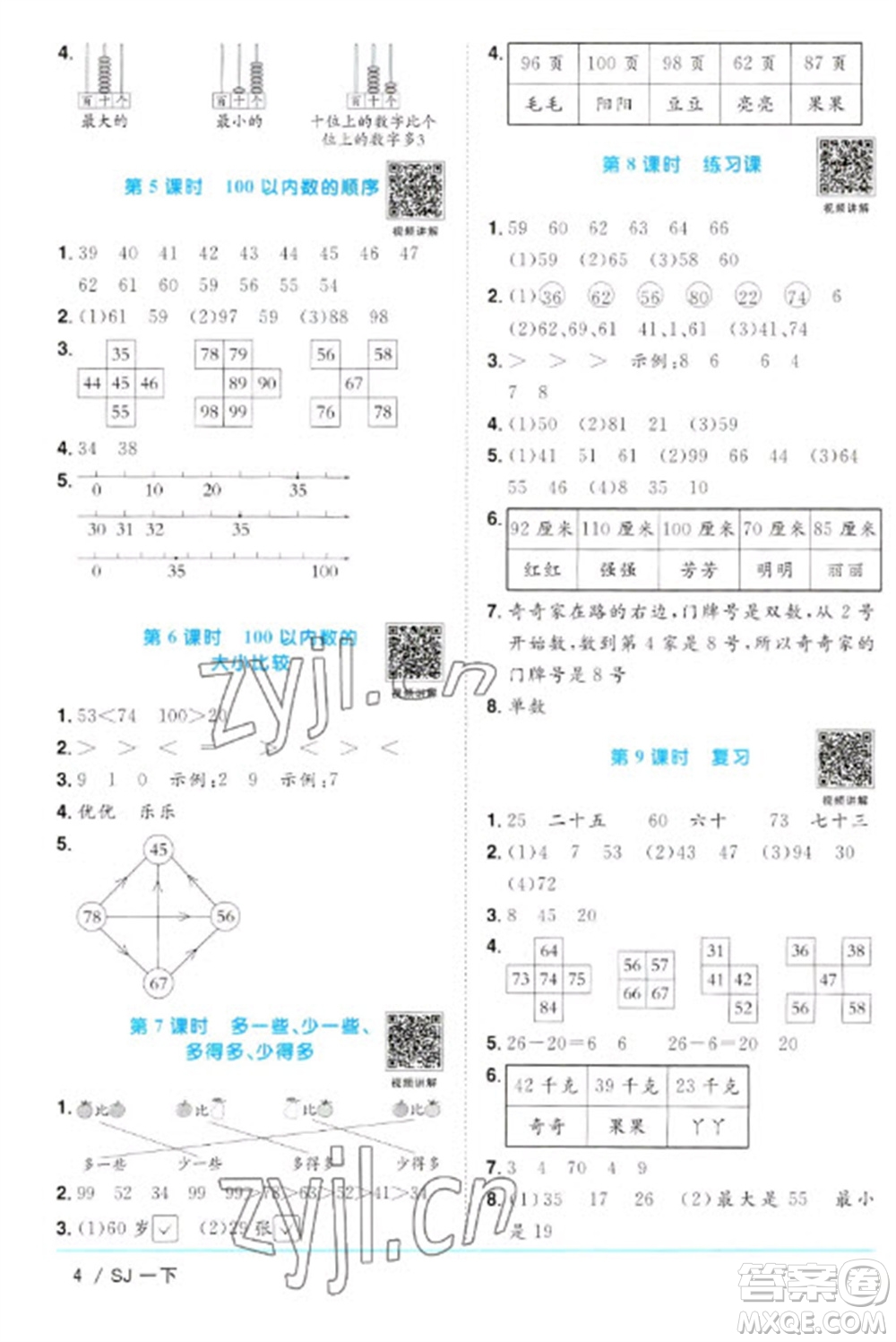 江西教育出版社2023陽光同學(xué)課時優(yōu)化作業(yè)一年級數(shù)學(xué)下冊蘇教版參考答案