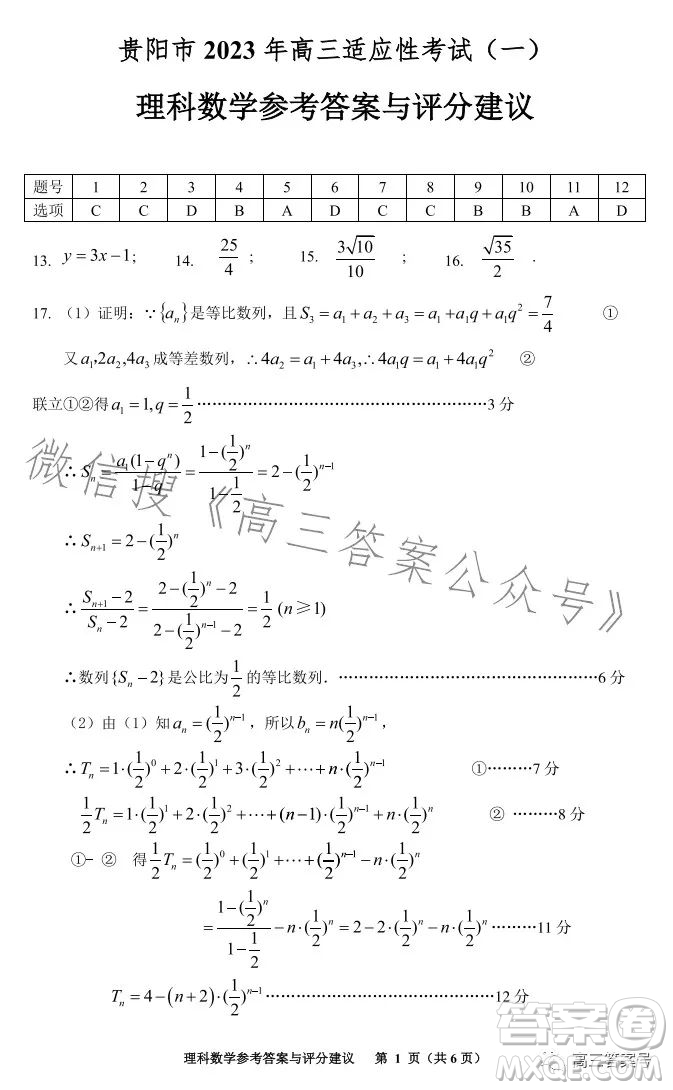 銅仁市2023高三適應(yīng)性考試一理科數(shù)學(xué)試卷答案