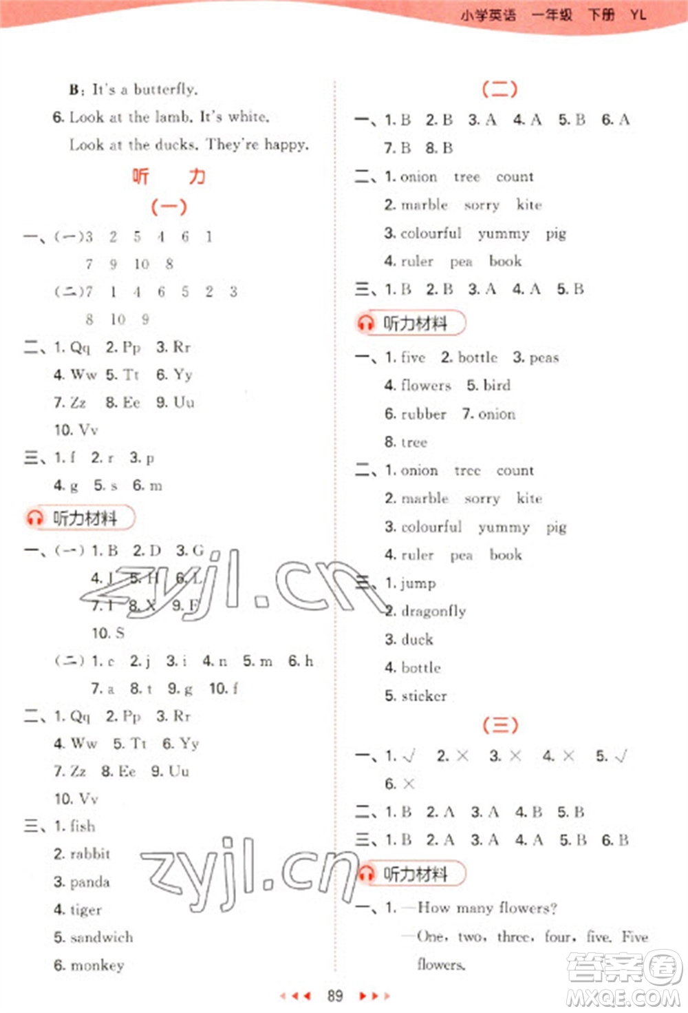 地質(zhì)出版社2023春季53天天練一年級英語下冊譯林版參考答案