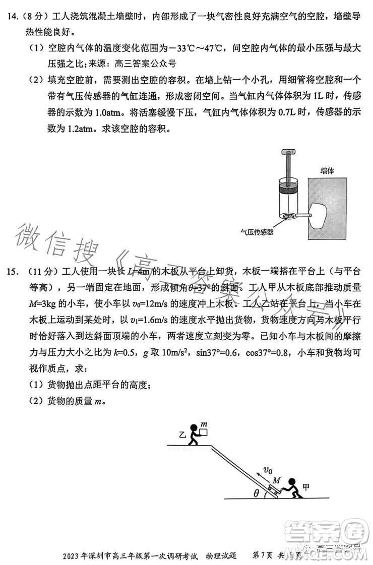 2023年深圳市高三年級(jí)第一次調(diào)研考試物理試卷答案