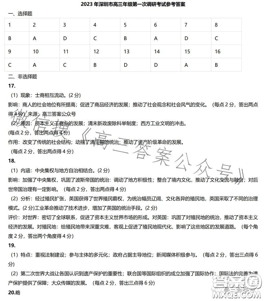 2023年深圳市高三年級第一次調(diào)研考試歷史試卷答案