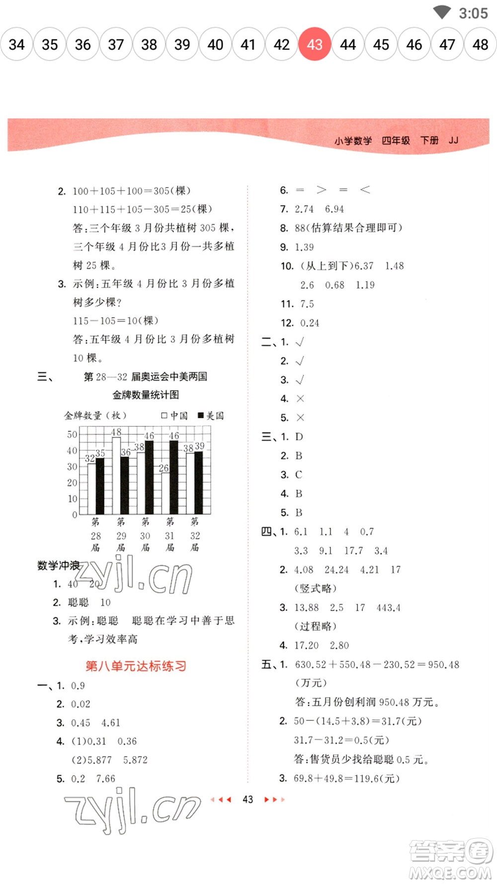 地質(zhì)出版社2023春季53天天練四年級(jí)數(shù)學(xué)下冊(cè)冀教版參考答案