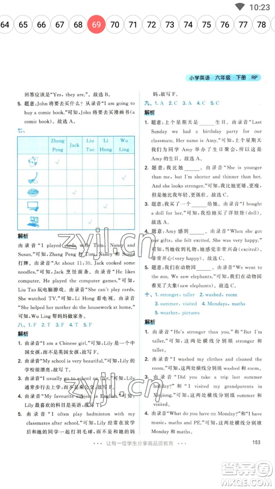 教育科學出版社2023春季53天天練六年級英語下冊人教PEP版參考答案