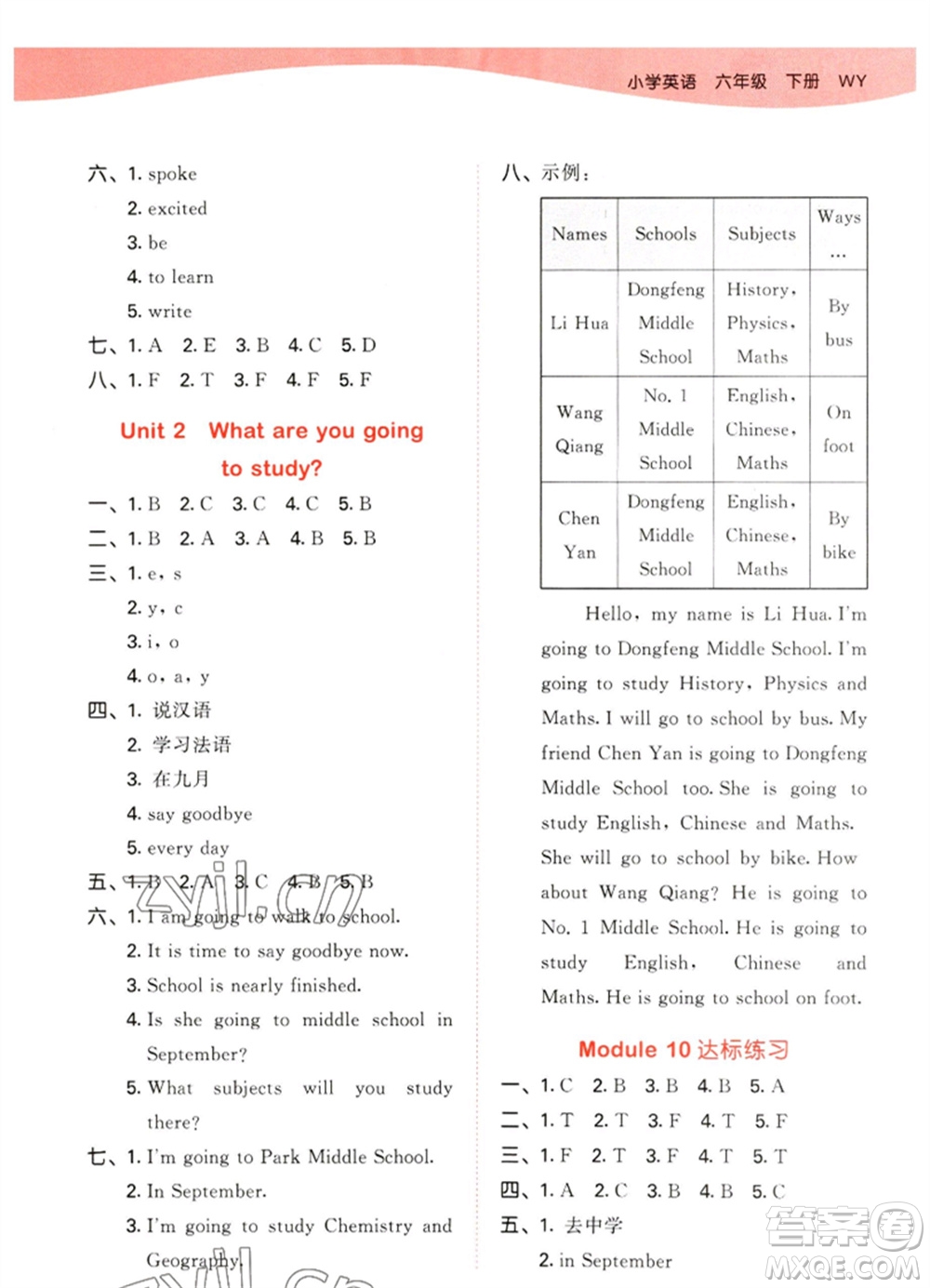 地質(zhì)出版社2023春季53天天練六年級英語下冊外研版參考答案