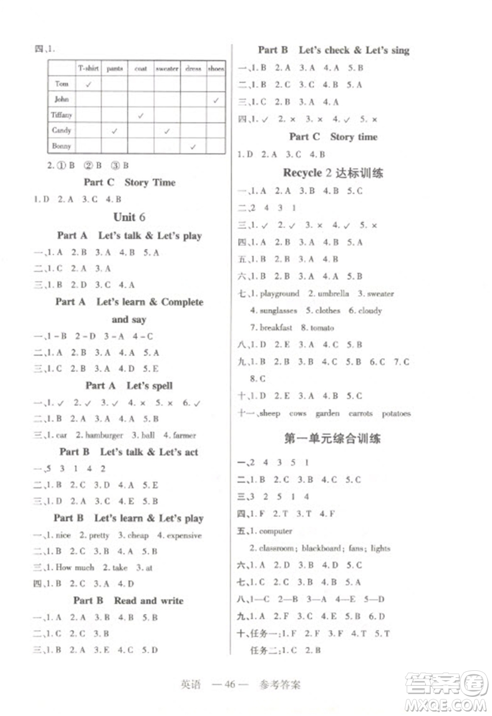 二十一世紀出版社2023新課程新練習四年級英語下冊人教PEP版參考答案