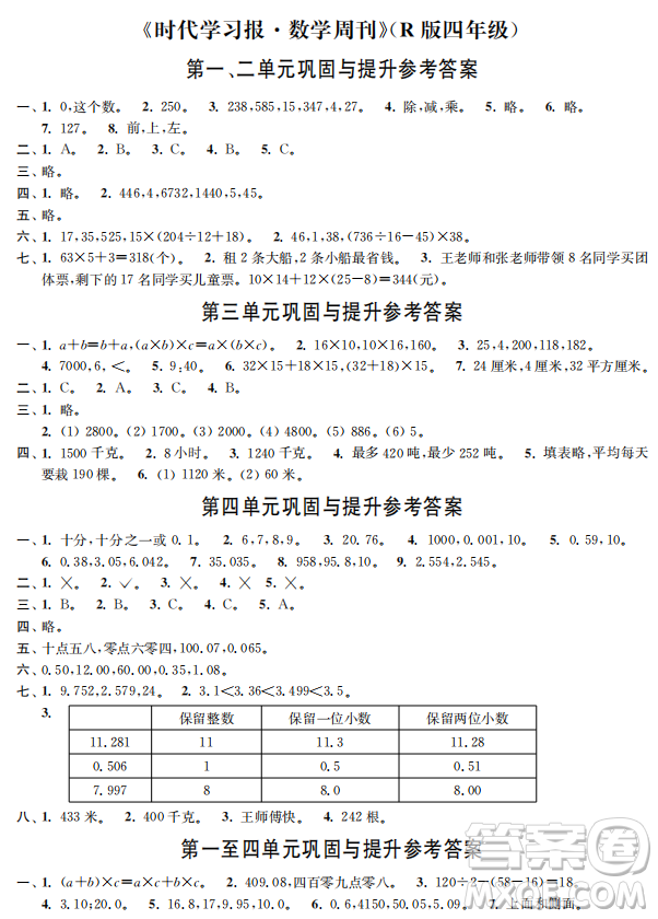 時(shí)代學(xué)習(xí)報(bào)數(shù)學(xué)周刊2022-2023學(xué)年度四年級(jí)下冊(cè)人教版配套試卷參考答案