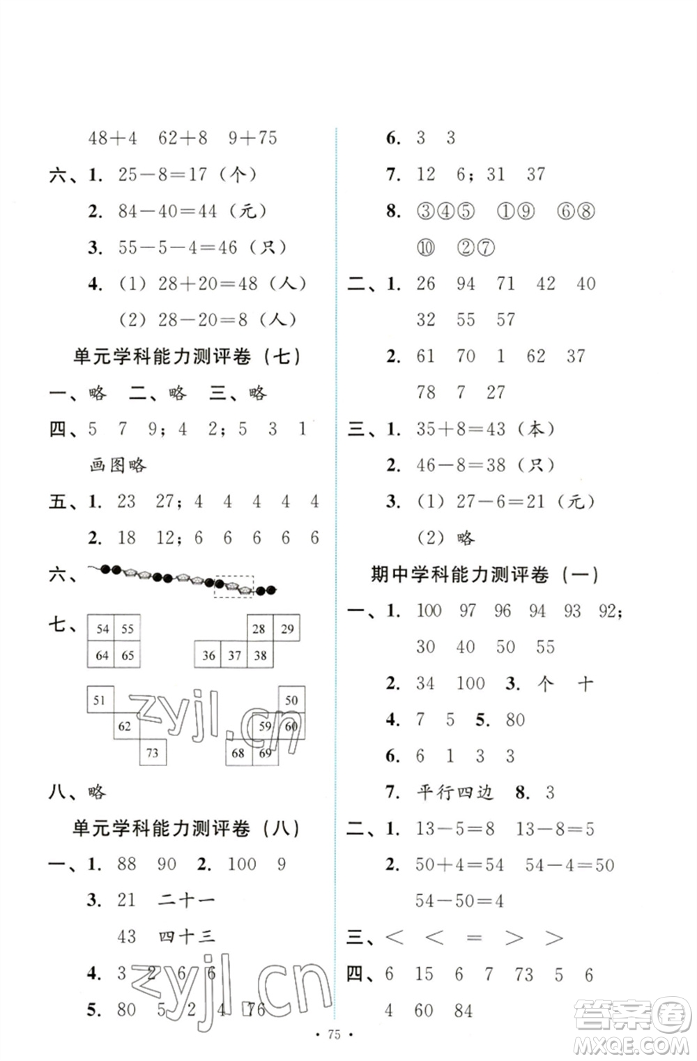 人民教育出版社2023能力培養(yǎng)與測試一年級數(shù)學(xué)下冊人教版參考答案