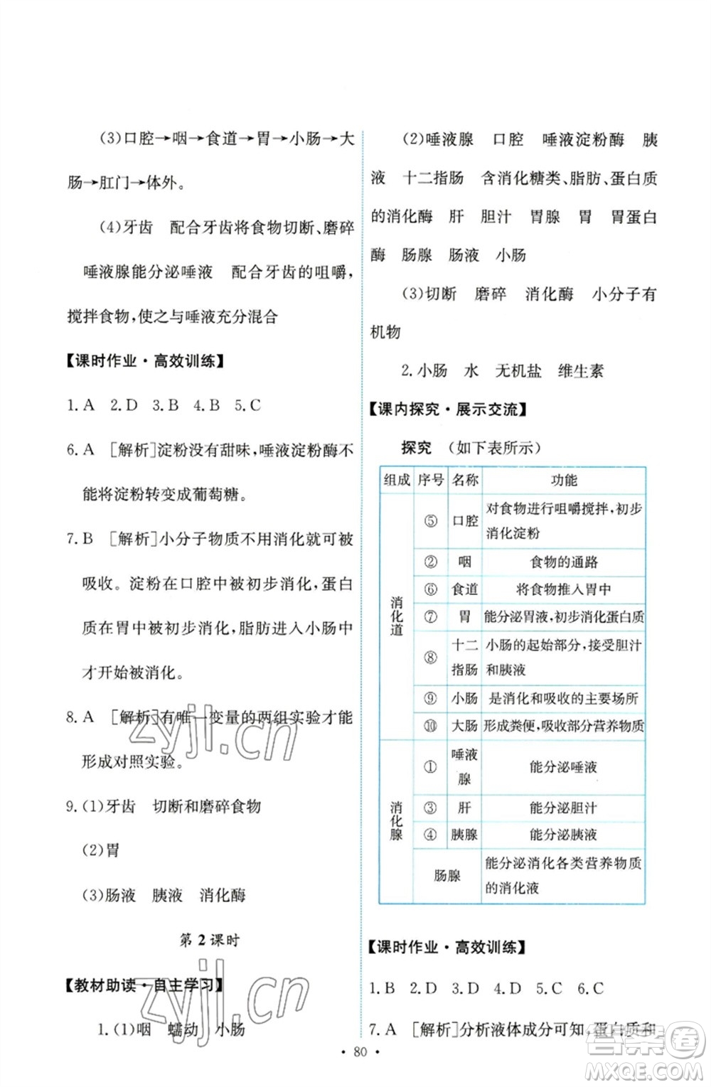 人民教育出版社2023能力培養(yǎng)與測試七年級生物下冊人教版參考答案