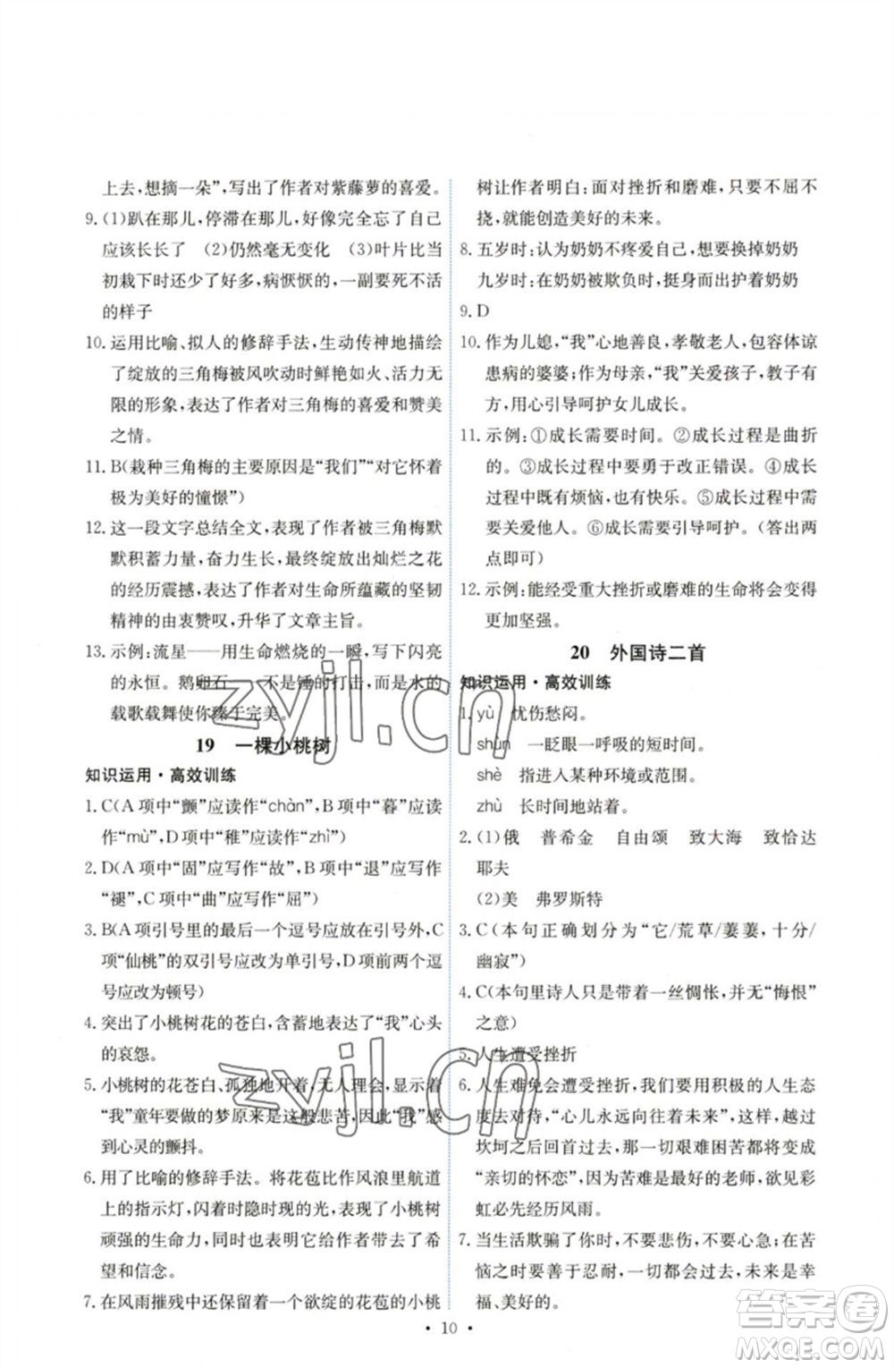 人民教育出版社2023能力培養(yǎng)與測試七年級語文下冊人教版湖南專版參考答案