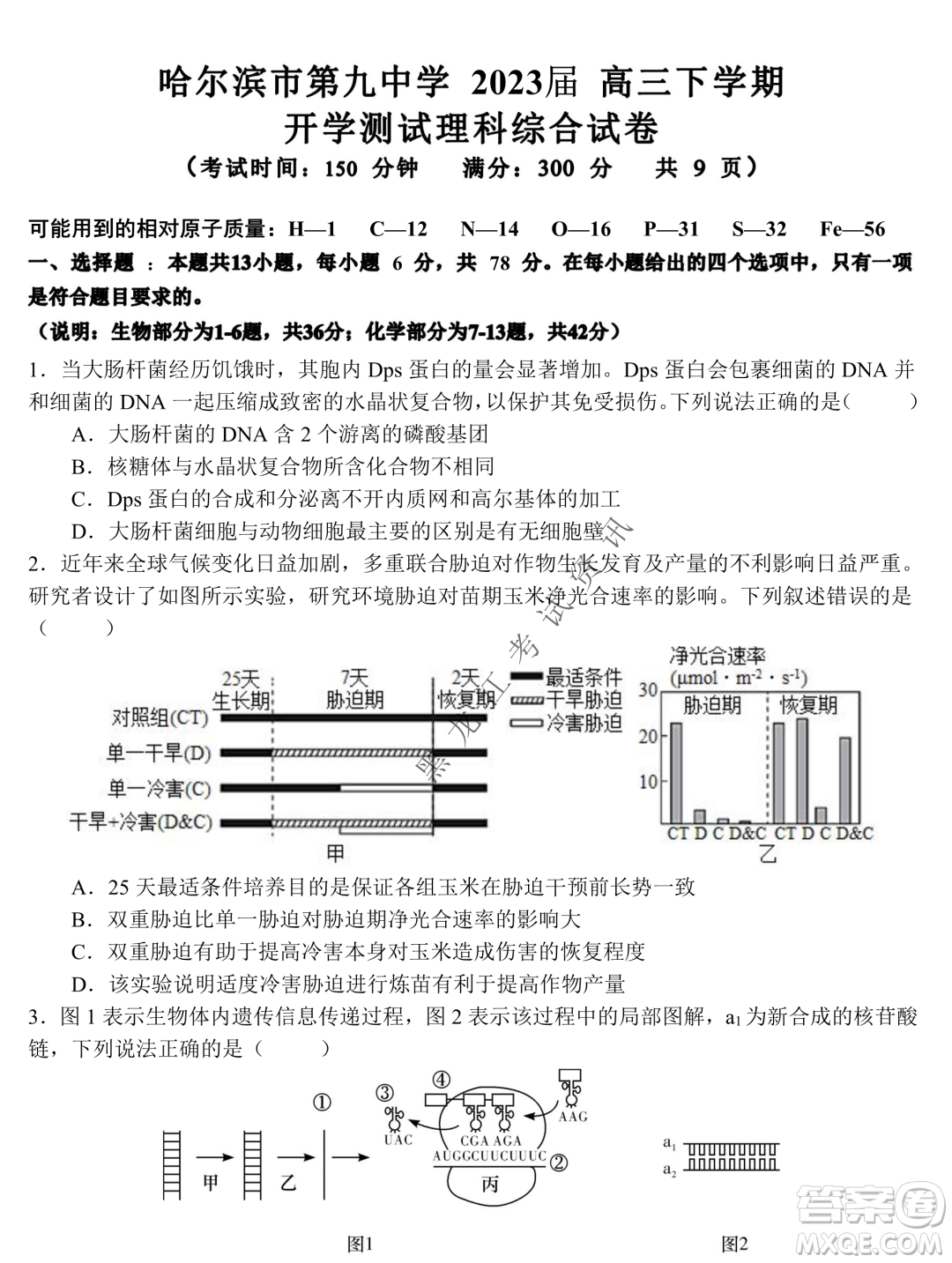 2023屆哈九中高三下學期開學考試理綜試題答案