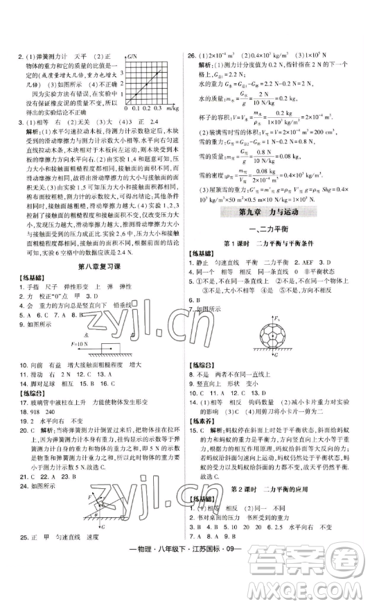 寧夏人民教育出版社2023經(jīng)綸學典課時作業(yè)八年級下冊物理江蘇國標版答案