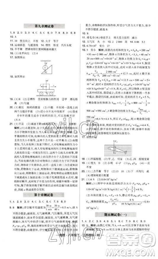 寧夏人民教育出版社2023經(jīng)綸學典課時作業(yè)八年級下冊物理江蘇國標版答案